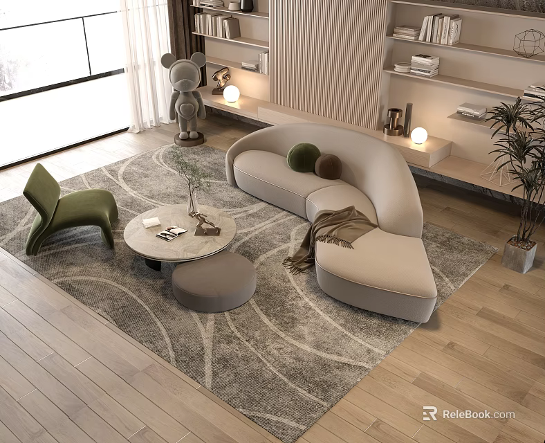 Modern Sofa Set with Round Coffee Table Green Accent Chair and Gray Area Rug 3d model 