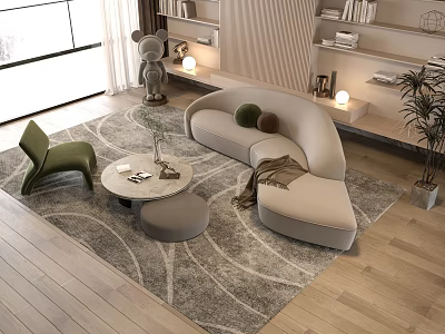 Modern Sofa Set with Round Coffee Table Green Accent Chair and Gray Area Rug 3d model