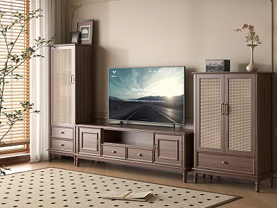 Wooden TV Stand With Rattan Door Side Cabinets TV In Cozy Natural Living Room 3d model