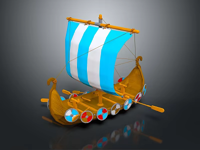 Sailing Boat Model With Blue And White Striped Sail Yellow Hull Colorful Ornaments And Oars 3d model