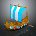 Sailing Boat Model With Blue And White Striped Sail Yellow Hull Colorful Ornaments And Oars