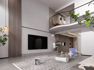 Modern Living and Dining Room Interior With TV Wall Green Plants And Open Space 3d model