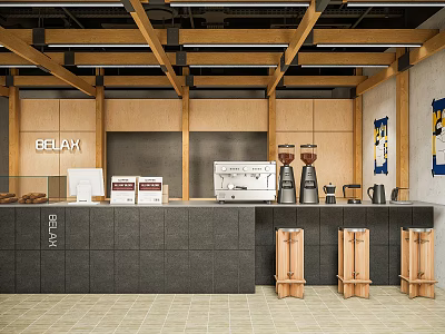 Warm Café Interior Featuring Wooden Beams Gray Counter Coffee Machine And Display Case 3d model