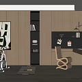 Modern Study Room Interior With Wooden Cabinets Bookshelf Desk Exercise Bike And Abstract Painting