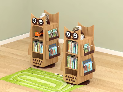 Two Brown Owl Shaped Bookcases In Kids Room With Books And Toys 3d model