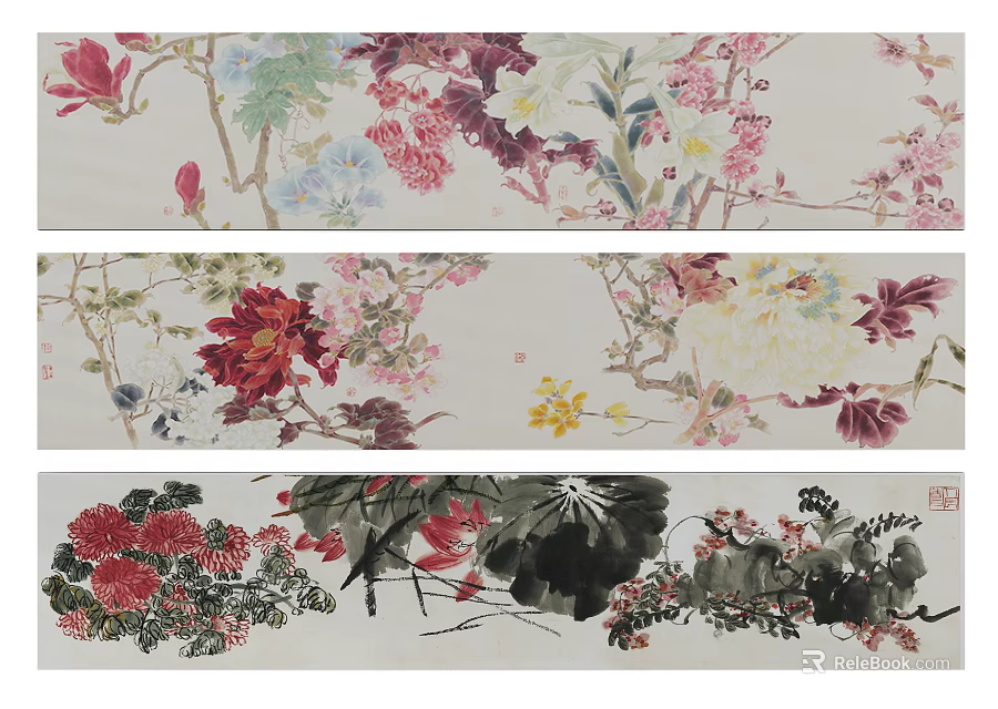 Traditional Chinese Floral Plant Paintings Featuring Magnolia Peony Lotus and Colorful Branches Artwork 3d model 