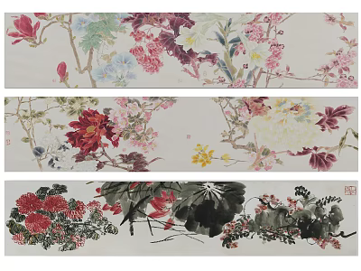 Traditional Chinese Floral Plant Paintings Featuring Magnolia Peony Lotus and Colorful Branches Artwork 3d model