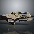 Futuristic Sci Fi Weapon With Metallic Body Green Accents And Detailed Mechanical Structure