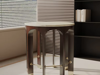 Elegant Round Top Side Table With Marble Surface Dark Frame And Gold Crossbars 3d model