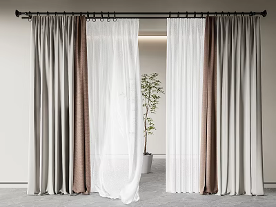 Modern Interior Curtains with Sheer White and Brown Gray Panels on Black Rod 3d model