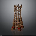 Intricate Wooden Tower Structure With Intertwined Sticks Ropes And Red Bands