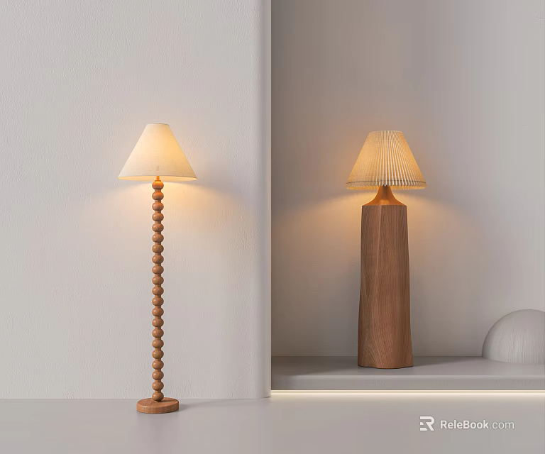 Modern Wooden Floor Lamps With Twisted And Cylindrical Poles And Light Shades 3d model 