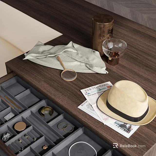 Elegant Jewelry Display In Drawer With Wooden Table Magnifying Glass Newspaper And Hat 3d model 