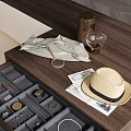 Elegant Jewelry Display In Drawer With Wooden Table Magnifying Glass Newspaper And Hat