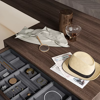 Elegant Jewelry Display In Drawer With Wooden Table Magnifying Glass Newspaper And Hat 3d model