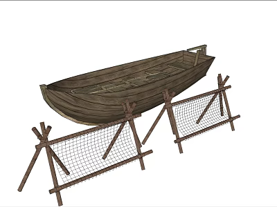 Rustic Wooden Boat Themed Landscape Sculpture With Fence And Netting 3d model