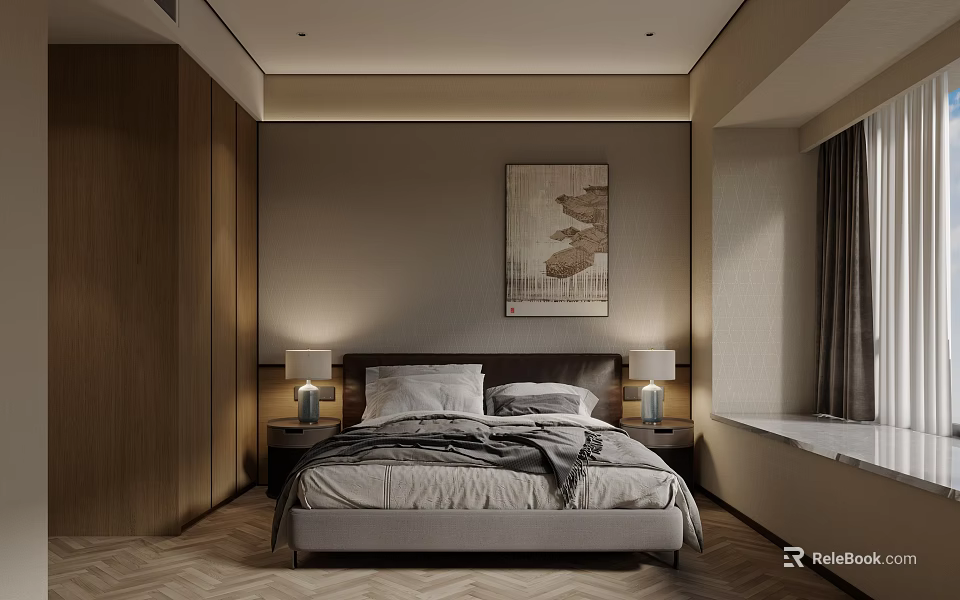 Modern Bedroom Interior Featuring Large Bed Bedside Tables Lamps Wall Painting And Herringbone Wooden Floor 3d model 
