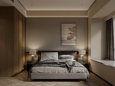 Modern Bedroom Interior Featuring Large Bed Bedside Tables Lamps Wall Painting And Herringbone Wooden Floor 3d model