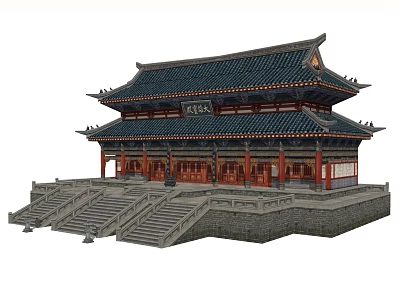 Traditional Chinese Ancient Architecture With Two Story Structure Overhanging Eaves Tiled Roof And Stone Steps 3d model