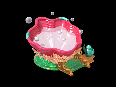 Cartoon Scene Featuring Pink Flower Shaped Basin with White Bubbles Green Base and Small Teapot 3d model