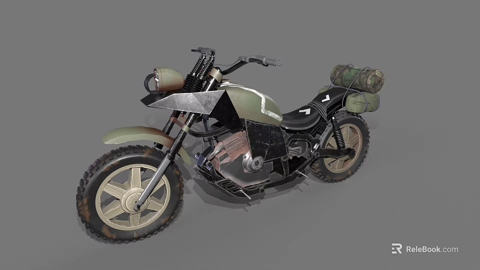 Green And Black Off Road Motorcycle With Large Tires Handlebar Light And Rear Bag 3d model 