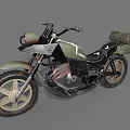 Green And Black Off Road Motorcycle With Large Tires Handlebar Light And Rear Bag