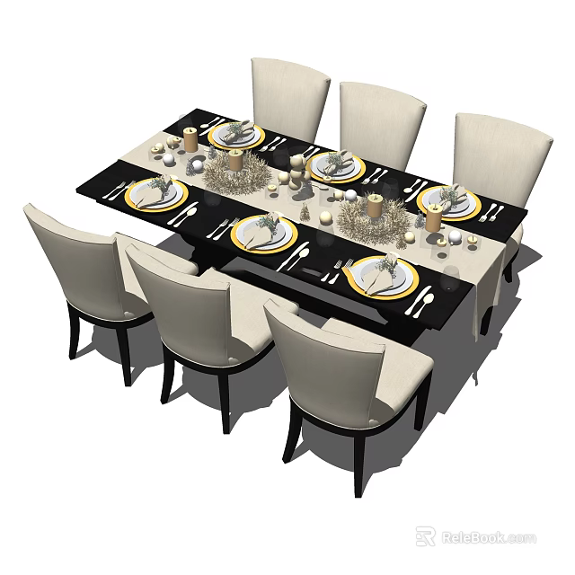 Elegant Dining Table Set With Beige Chairs Plates Cutlery Candles And Decorations 3d model 