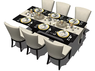 Elegant Dining Table Set With Beige Chairs Plates Cutlery Candles And Decorations 3d model