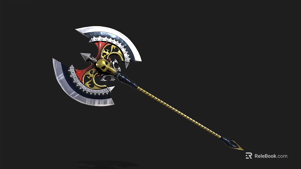 Decorative Double Bladed Battle Axe With Metallic Blades Gold Red Accents And Ornate Black Handle 3d model 