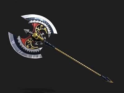Decorative Double Bladed Battle Axe With Metallic Blades Gold Red Accents And Ornate Black Handle 3d model