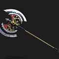 Decorative Double Bladed Battle Axe With Metallic Blades Gold Red Accents And Ornate Black Handle