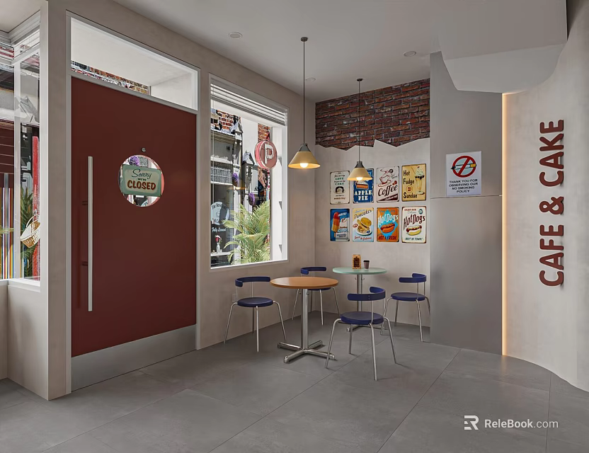 Modern Cafe Interior With Red Door Windows Brick Wall Posters And Blue Chairs 3d model 