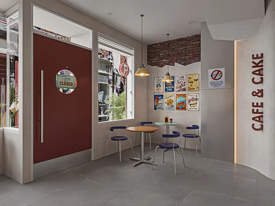Modern Cafe Interior With Red Door Windows Brick Wall Posters And Blue Chairs 3d model