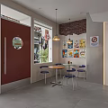 Modern Cafe Interior With Red Door Windows Brick Wall Posters And Blue Chairs