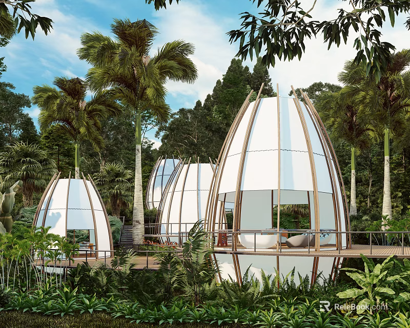 Egg Shaped White Buildings In Tropical Forest With Palm Trees Lush Greenery Wooden Frames Walkways 3d model 
