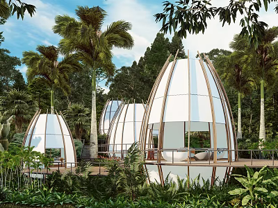 Egg Shaped White Buildings In Tropical Forest With Palm Trees Lush Greenery Wooden Frames Walkways 3d model