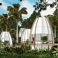 Egg Shaped White Buildings In Tropical Forest With Palm Trees Lush Greenery Wooden Frames Walkways