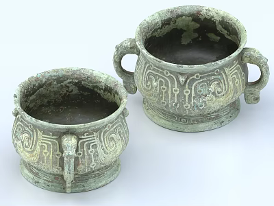Vintage Ceramic Vessels With Intricate Traditional Patterns And Double Handles Design 3d model