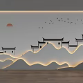 Traditional Chinese Background Wall With Red Sun Flying Birds Mountain Shaped Wavy Lines Lighting Effects