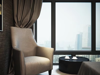 Beige Armchair With Black Side Table And White Cups By Large Windows With City View 3d model