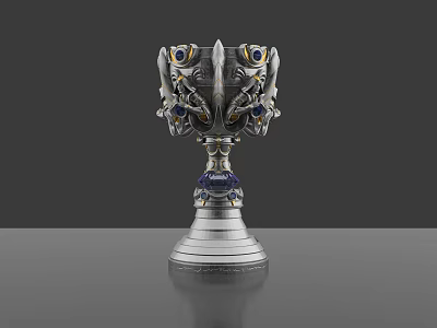 Elegant Silver Trophy With Ornate Design And Blue Gemstones On Decorative Base 3d model
