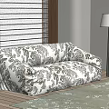 Floral Patterned Sectional Sofa In Neutral Tones With Wooden Blinds Floor Lamp And Green Rug