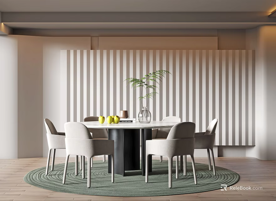 Modern Restaurant Interior With Round Dining Table Green Plant Yellow Fruits And Striped Wall 3d model 