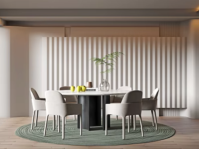 Modern Restaurant Interior With Round Dining Table Green Plant Yellow Fruits And Striped Wall 3d model