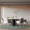Modern Restaurant Interior With Round Dining Table Green Plant Yellow Fruits And Striped Wall