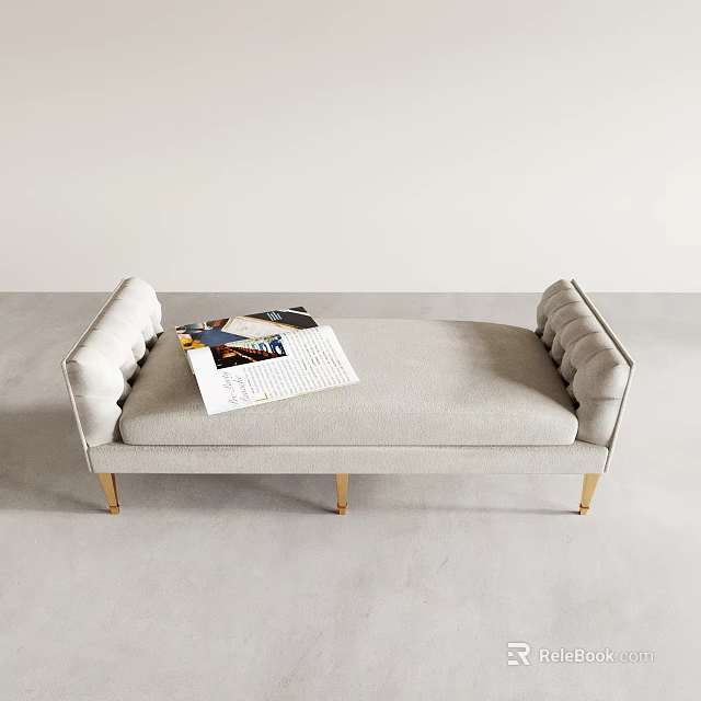 Modern Daybed With Light Gray Upholstery Tufted Armrests Gold Legs And Magazine On Top 3d model 