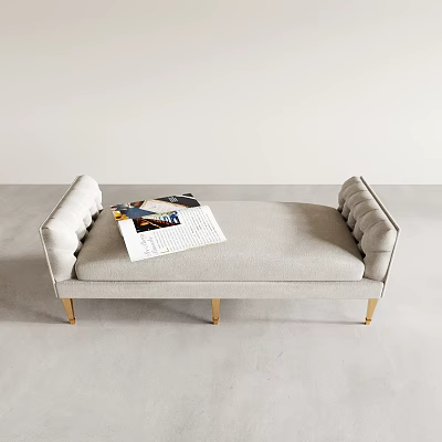 Modern Daybed With Light Gray Upholstery Tufted Armrests Gold Legs And Magazine On Top 3d model