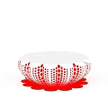 White and Red Round Furniture Piece With Petal Shaped Base And Red Dot Pattern