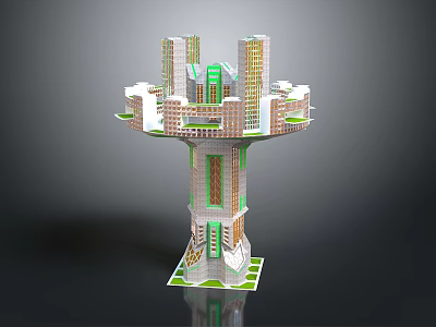 Modern Architectural Design Featuring Central Tower With Surrounding Multi story Buildings And Green Accents 3d model