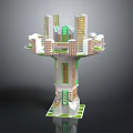 Modern Architectural Design Featuring Central Tower With Surrounding Multi story Buildings And Green Accents